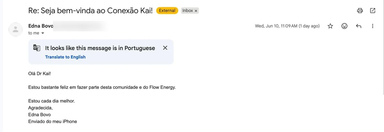 E-mail de aluna: estou bastante feliz em fazer parte desta comunidade e do Flow Energy, estou cada dia melhor