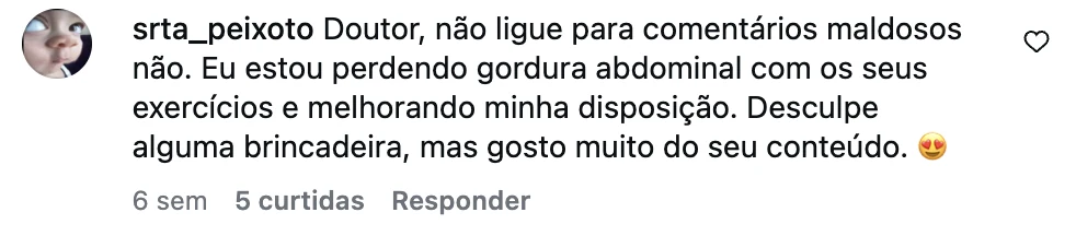 Comentário no Instagram: estou perdendo gordura abdominal e melhorando minha disposição