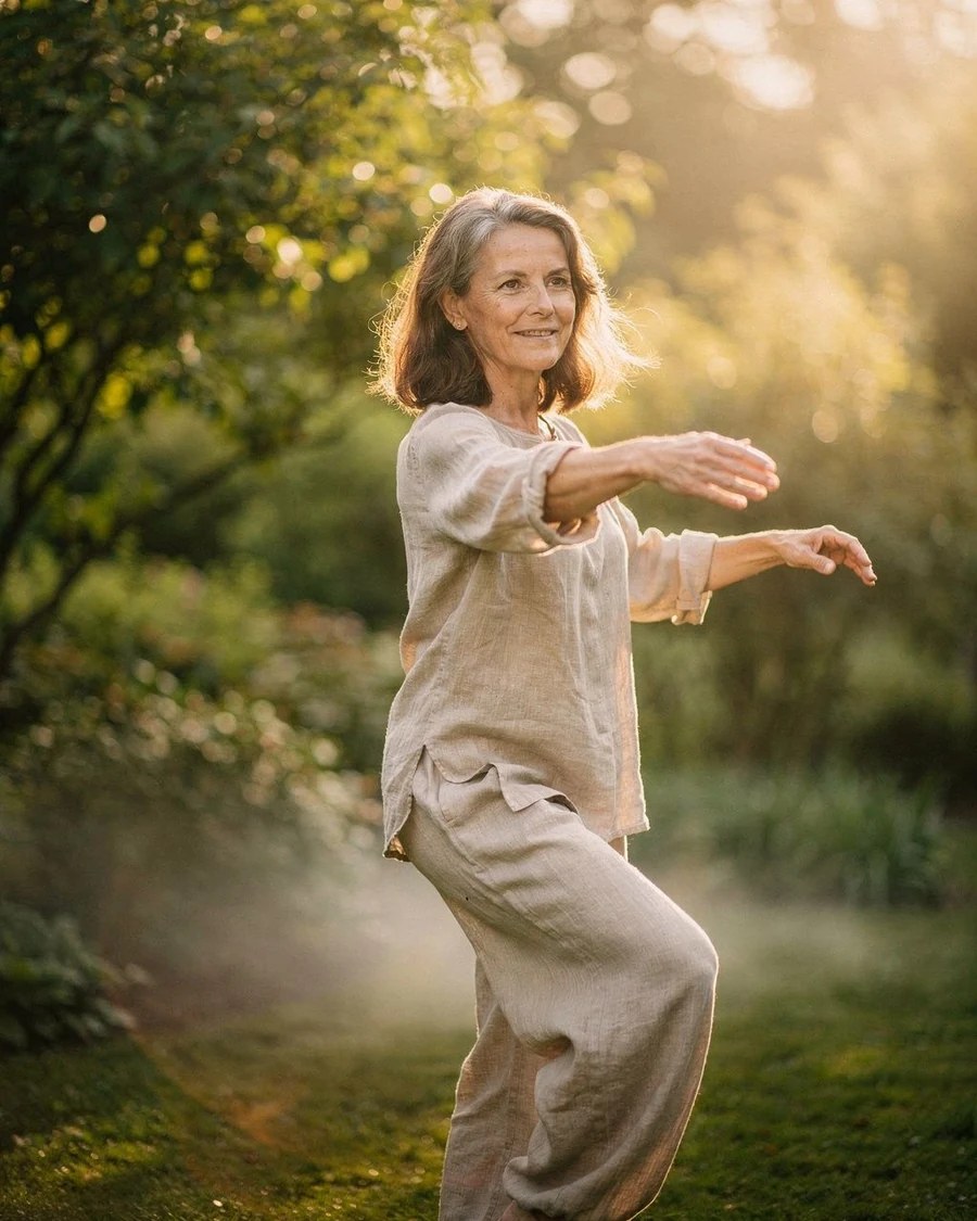 Mulher praticando Tai Chi na natureza, ao pôr do sol