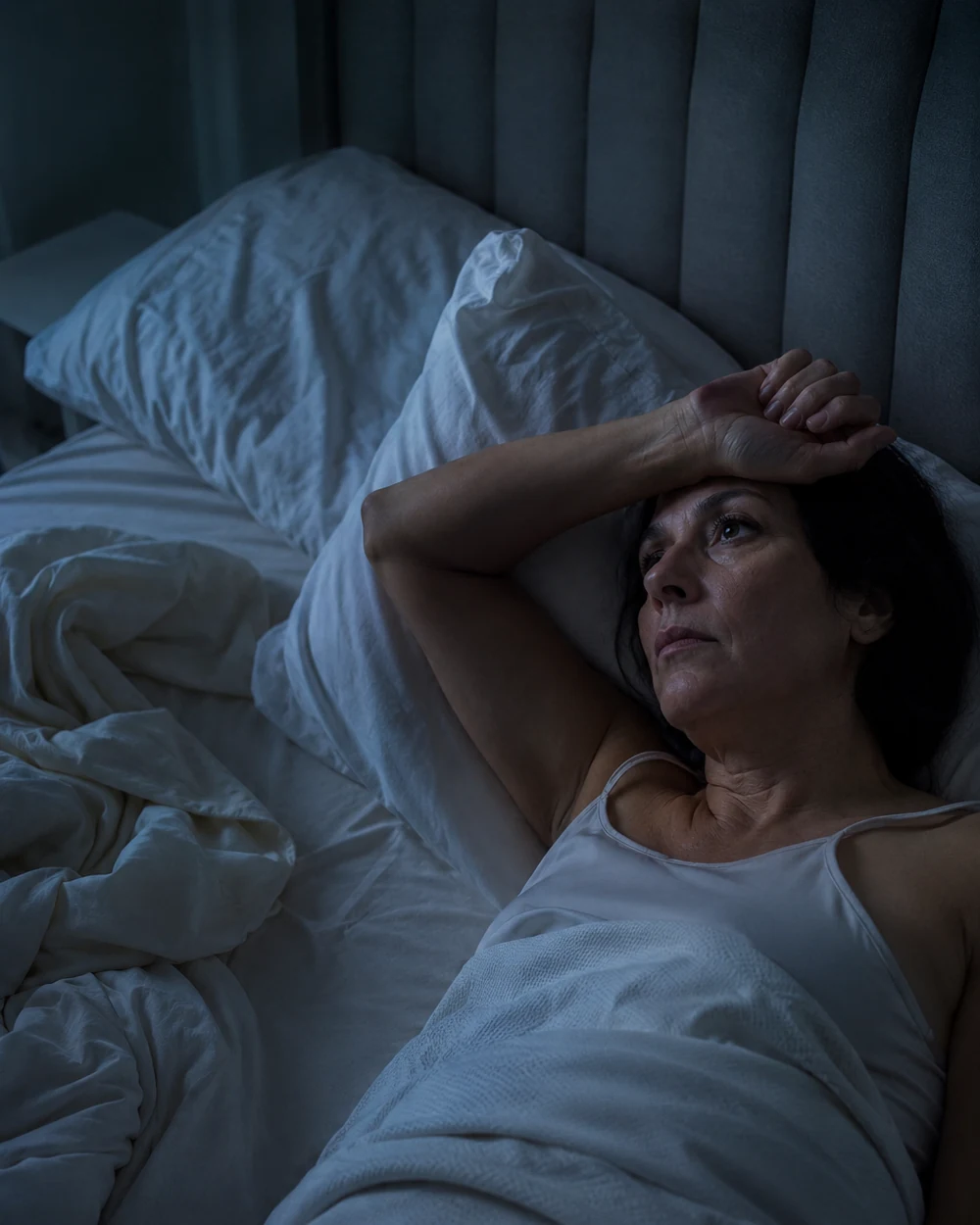 A mesma mulher acordada na cama de madrugada, com o antebraço na testa, sob luz fria