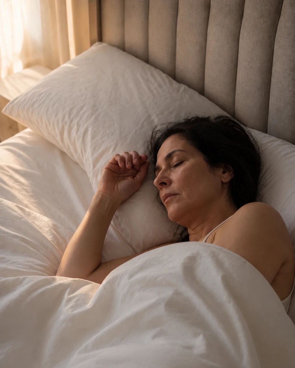 A mesma mulher dormindo profundamente, de lado e relaxada, sob a luz quente da manhã